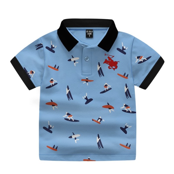 Boys Short Sleeve Printed Cotton Polo Shirt-Sky Blue Color