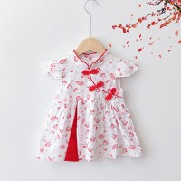 Baby Girls' Frill Sleeves Cotton Frock Chinese Style -  White Red