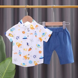Boys Short-sleeved Shirt with Shorts Set - My full print rocket short sleeve shirt white