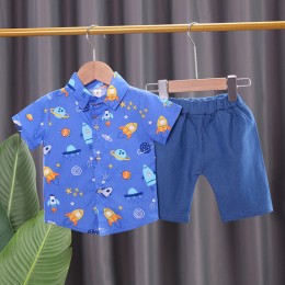 Boys Short-sleeved Shirt with Shorts Set - My full print rocket short-sleeved shirt dark blue