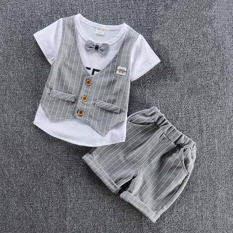 Baby Korean Fashion Plaid Vest-Sleeved two Piece Set-Gray