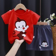 Baby Half Sleeves Little Monkey Printed T-Shirt & Shorts Set -  Red