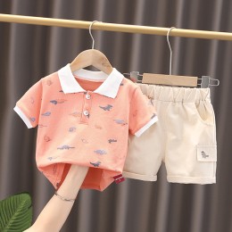 Boy Summer Full Printed Dinosaur Short-sleeved Two-piece Suit - Orange