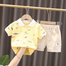Boy Summer Full Printed Dinosaur Short-sleeved Two-piece Suit - Yellow