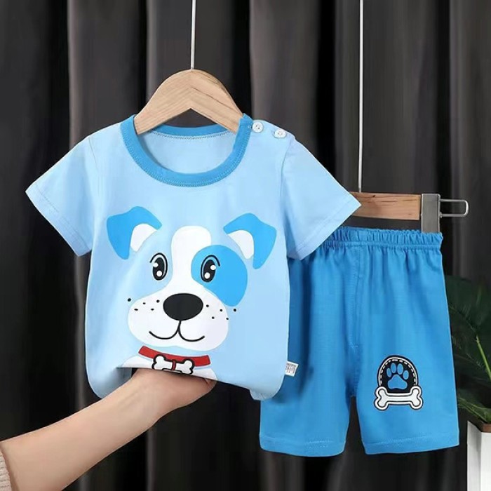 Baby 100% Cotton Single Jersey Knit T-Shirt & Shorts Set Puppy Print - Blue | at Sonamoni BD