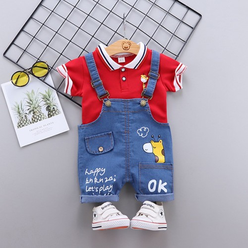 Kids Western Style Knee Length Washed Denim Dungaree with Inner T-Shirt - Red