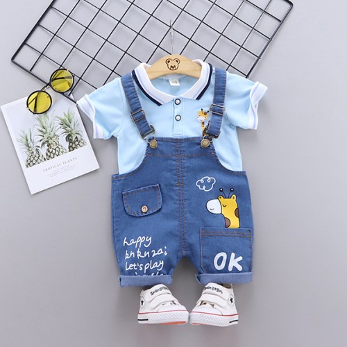 Kids Western Style Knee Length Washed Denim Dungaree with Inner T-Shirt - Blue