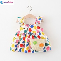 Baby Flying Sleeves Frock and Fruits Bag - White