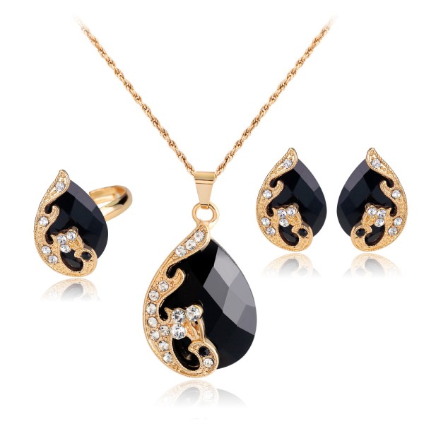 Fashionable Peacock Necklace Earrings Ring Set - Black
