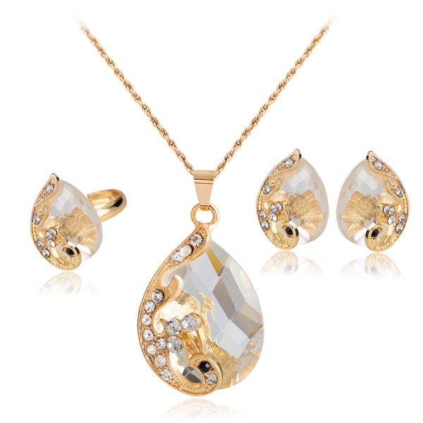 Fashionable Peacock Necklace Earrings Ring Set - White