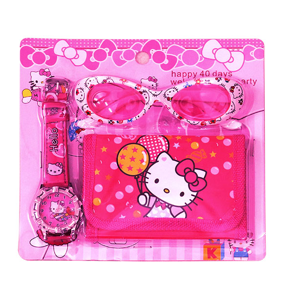 Children's Cartoon Wallet Watch Glasses Set - Kitty Pink