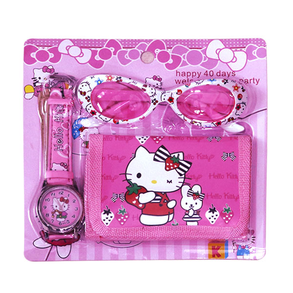 Children's Cartoon Wallet Watch Glasses Set - Kitty Light Pink