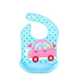 Waterproof Bib with Detachable Food Catcher - Blue Pink Car