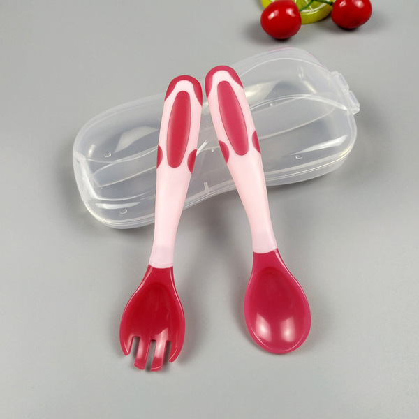 Baby temperature-sensing twisted fork and spoon + PP box - Pink