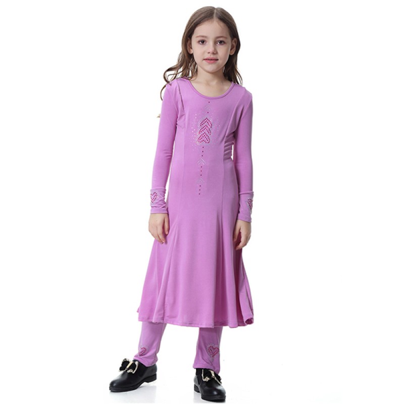 Muslim Girls' Suit Robe Long Dress - Purple