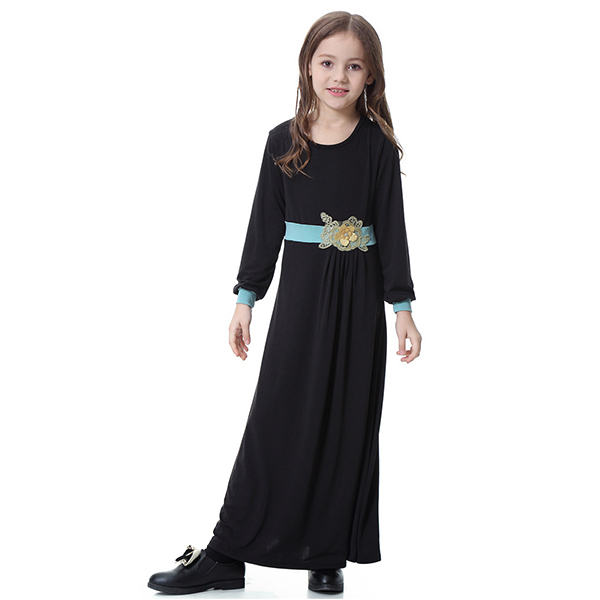 Muslim Girls' Suit Robe Long Dress - Black