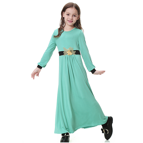 Muslim Girls' Suit Robe Long Dress - Light Green