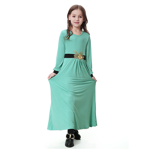 Muslim Girls' Suit Robe Long Dress - Light Green