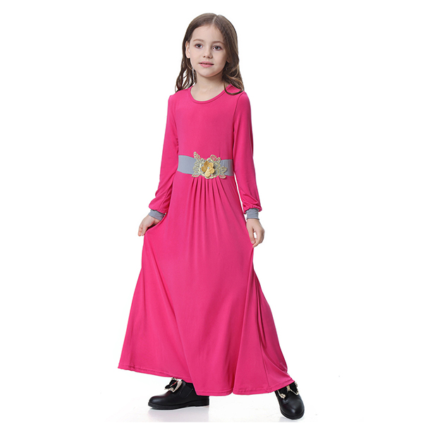 Muslim Girls' Suit Robe Long Dress - Rose Red