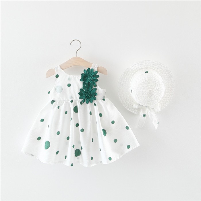 Baby Sleeveless Frock with Two little green flowers & Cap -  White