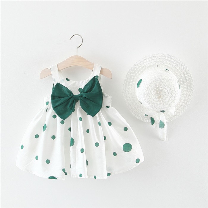 Baby Sleeveless Frock with Back Bow & Cap - White Green Dot