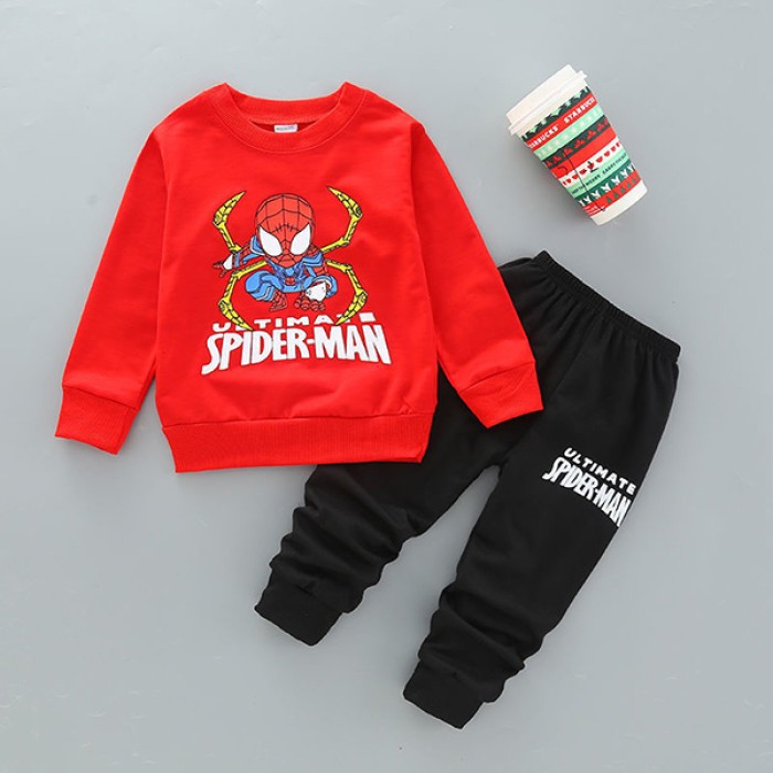 Long-sleeved Sports Two-piece Sweat Shirt and Trouser Set - Red-Spiderman