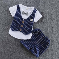 Baby Korean Fashion Plaid Vest-Sleeved two Piece Set-Navy Blue