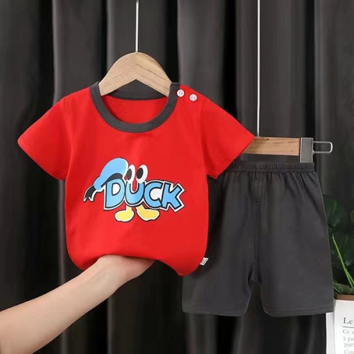 100% Cotton Half Sleeves T-Shirt & Shorts Set Duck Print - Red & Grey | at Sonamoni BD