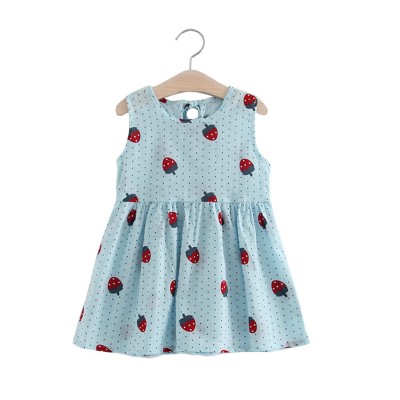 Girl Summer Cotton Frock - Blue strawberry - cotton linen