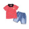 Boys striped lapel polo shirt short sleeve two-piece set-Red Color