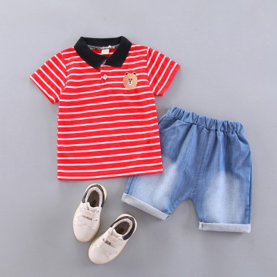 Boys striped lapel polo shirt short sleeve two-piece set-Red Color