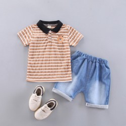 Boys Striped Lapel Polo Shirt Short Sleeve Two-Piece Set - Khaki Color