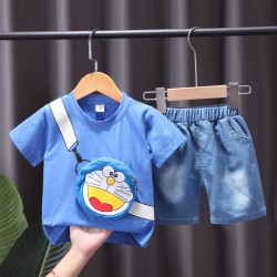 Boys Cartoon Backpack Short sleeve T-shirt & Shorts Set - Blue
