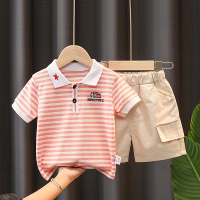Boys summer lapel polo shirt set-white with pink