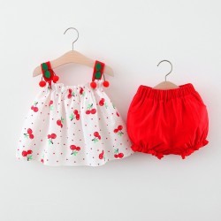 Girls Cotton Cherry Dress Set - Red