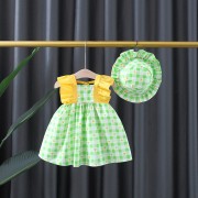 Baby Flying Sleeve Back Ribbon Frock with Hat - Green