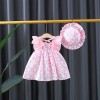Baby Flying Sleeve Back Ribbon Frock with Hat - Pink