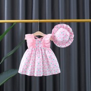Baby Flying Sleeve Back Ribbon Frock with Hat - Pink