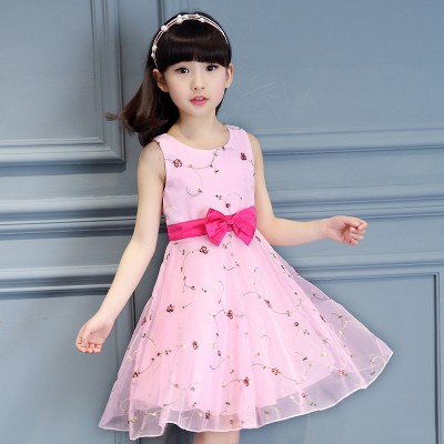Girls Bow Belt Floral Embroidered Party Frock - Pink