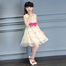 Girls Bow Belt Floral Embroidered Party Frock - Yellow