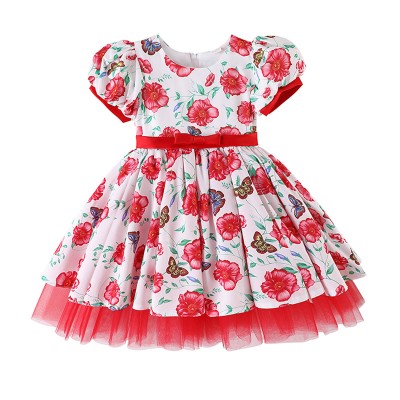 Girls Fashionable Party Frock - Red Sun Flower
