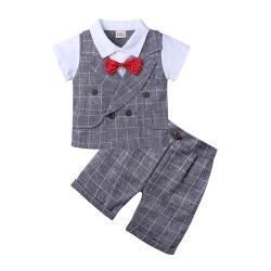 Half Sleeves Adjusted Waistcoat Shirt and Shorts Set with Bow - White & Sky Blue