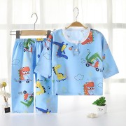 Children Cotton Silk Two-Piece Suit - Blue Big Dinosaur