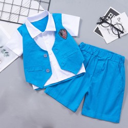 Party Wear Half Sleeves Shirt with Attached Waistcoat & Shorts Set - White & Blue