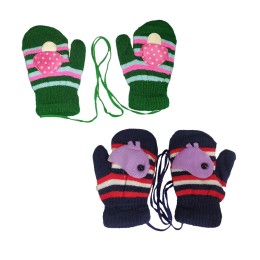 2 Pair Kids Winter Woollen Hand Gloves-Small Size Multi Color