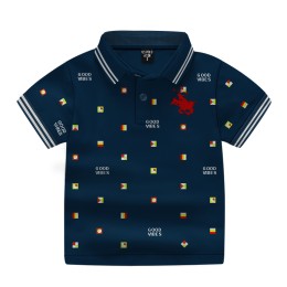 Boys Short Sleeve Printed Cotton Polo Shirt-Navy Blue Color