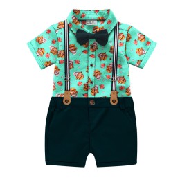 Boys Half Sleeve Cotton Flowe Print Shirt & Pant Suit Set- Turquoise Colour