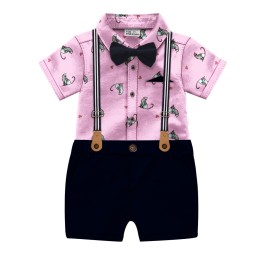 Boys Half Sleeve Cotton Shirt & Pant Suit Set-  Light Pink  & Nevy Blue colour