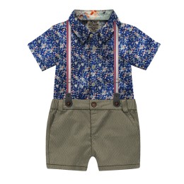 Boys Half Sleeve Cotton Flowe Print Shirt & Pant Suit Set-Blue & Brown Colour