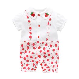 Baby Cotton Half Sleeves Romper - White Crisis Strawberry Strap
